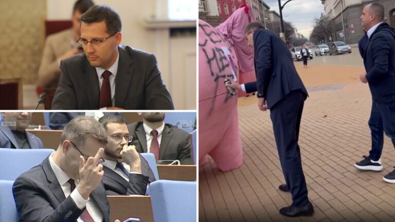 Депутат от ДПС-НН надраска огромното прасе-касичка пред парламента